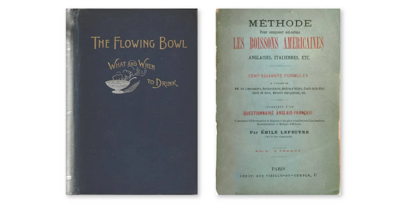 due libri di cocktail storici: 'The Flowing bowls' e 'Les Boissons Americaines'