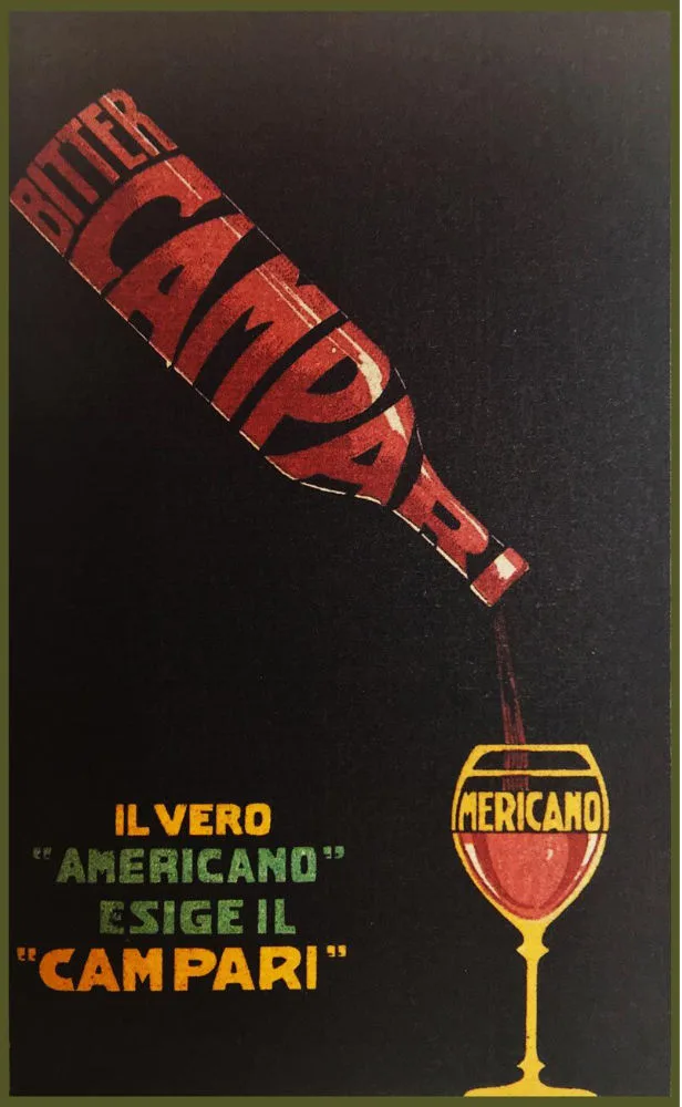 Una vecchia pubblicità della Campari nella quale si legge lo slogan: 'il vero americano esige campari'