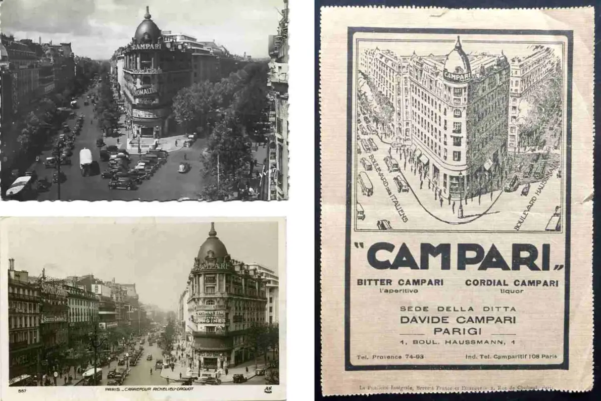 Alcune vecchie cartoline con la succursale francese della Campari a Parigi in boulevard Haussmann