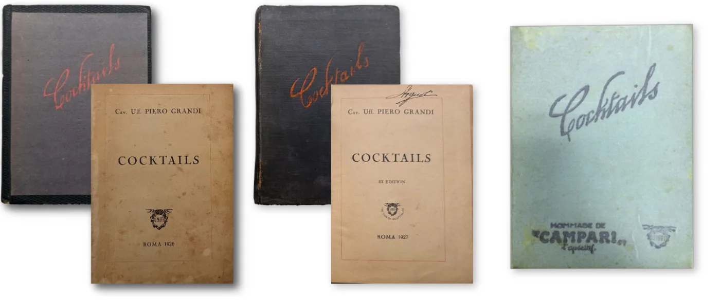 3 edizioni del libro 'Cocktails' di Piero Grandi datate 1926 e 1927.