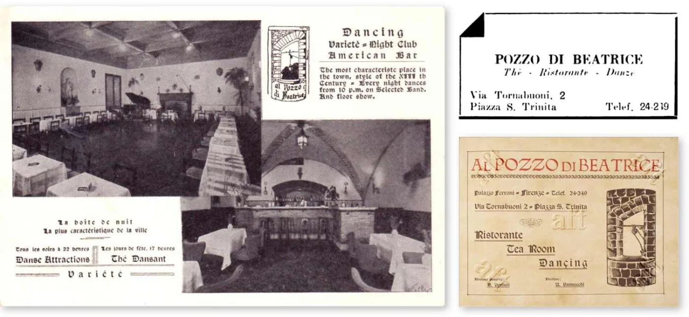 Cartolina e biglietto da visita del locale 'Pozzo di Beatrice”, situato in via Tornabuoni a Firenze