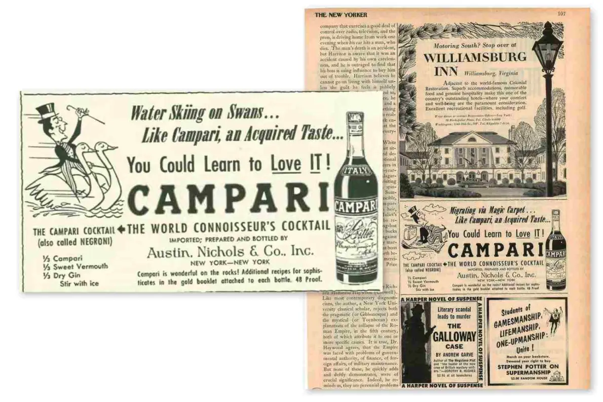 Pubblicità sul New Yorker del 1956 dell’azienda Austin Nichols and Co. e del prodotto Campari negli Stati Uniti d’America.