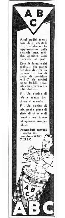 Inserzione verticale Cirio ABC del 1936 con le formule dei cocktails di pomodoro con marsala o elixir di china e fernet, e un barman con lo shaker