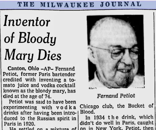 Ritaglio del Milwaukee Journal con il titolo Inventor of Bloody Mary Dies e la foto di Fernand Petiot anziano