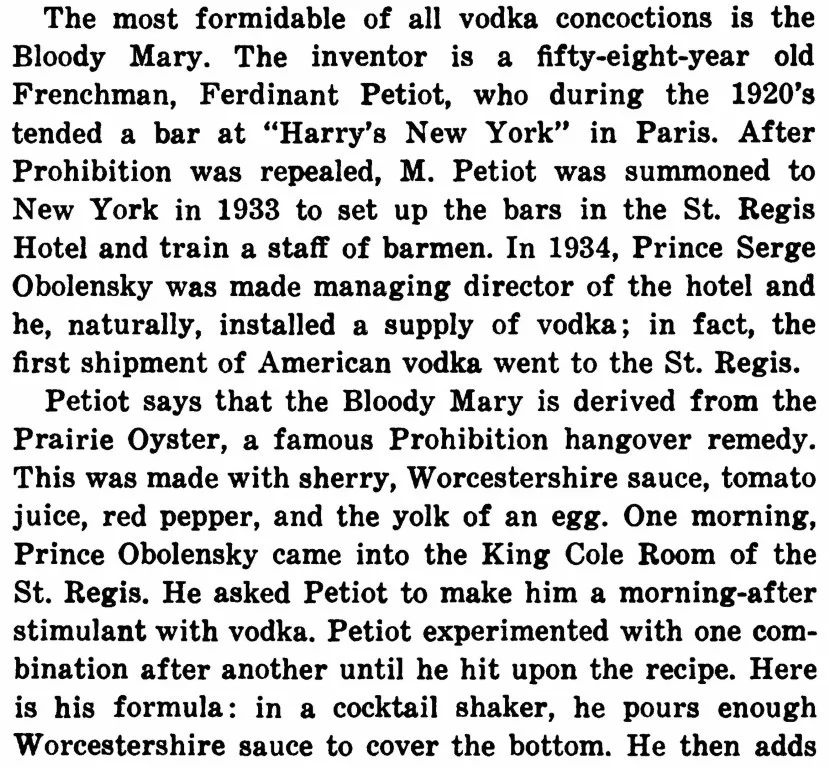 Colonna di testo stampato di GQ del 1959 su Ferdinant Petiot e il Bloody Mary derivato dal Prairie Oyster