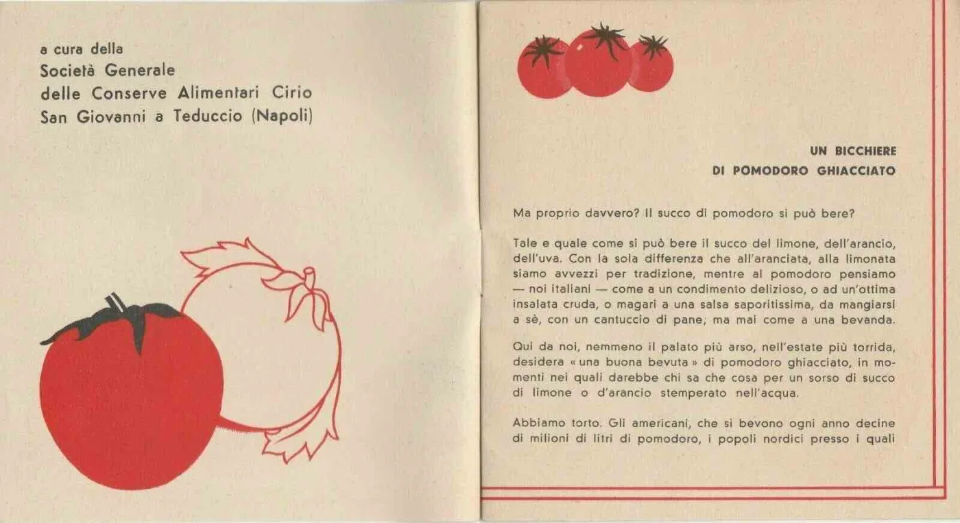 Pagine interne dell'opuscolo Cirio Un bicchiere di pomodoro ghiacciato, con un pomodoro disegnato e il testo che chiede se il succo di pomodoro si può bere