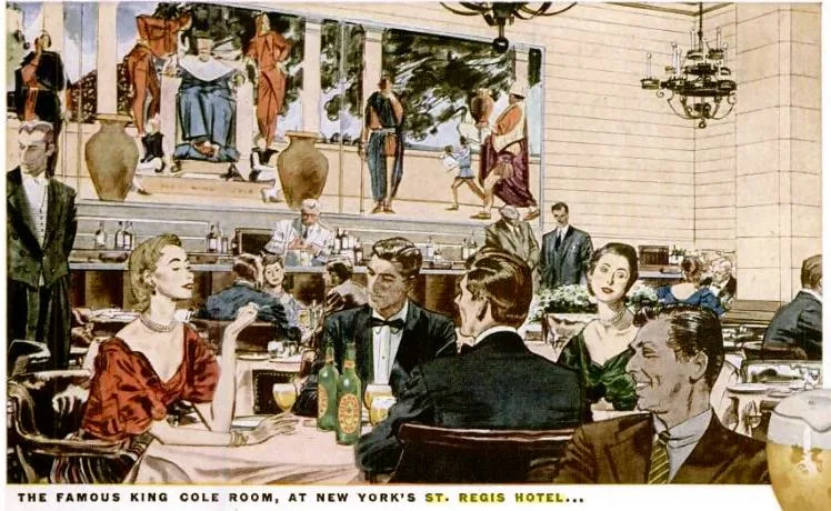 Illustrazione pubblicitaria a colori della King Cole Room del St. Regis: clienti eleganti ai tavoli e il murale di Old King Cole dietro il bancone