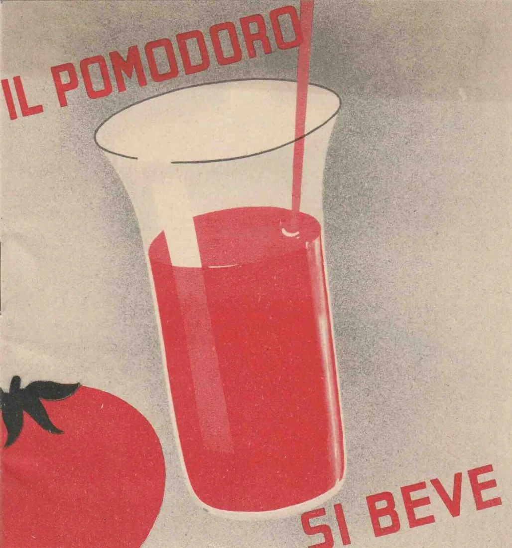 Copertina dell'opuscolo Cirio del 1936: un bicchiere di succo di pomodoro con la cannuccia e la scritta Il pomodoro si beve