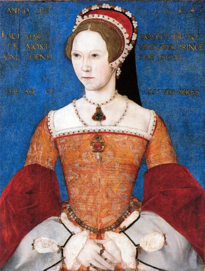 Ritratto di Maria Tudor del 1544 attribuito a Master John: la principessa in abito arancione e oro su fondo blu