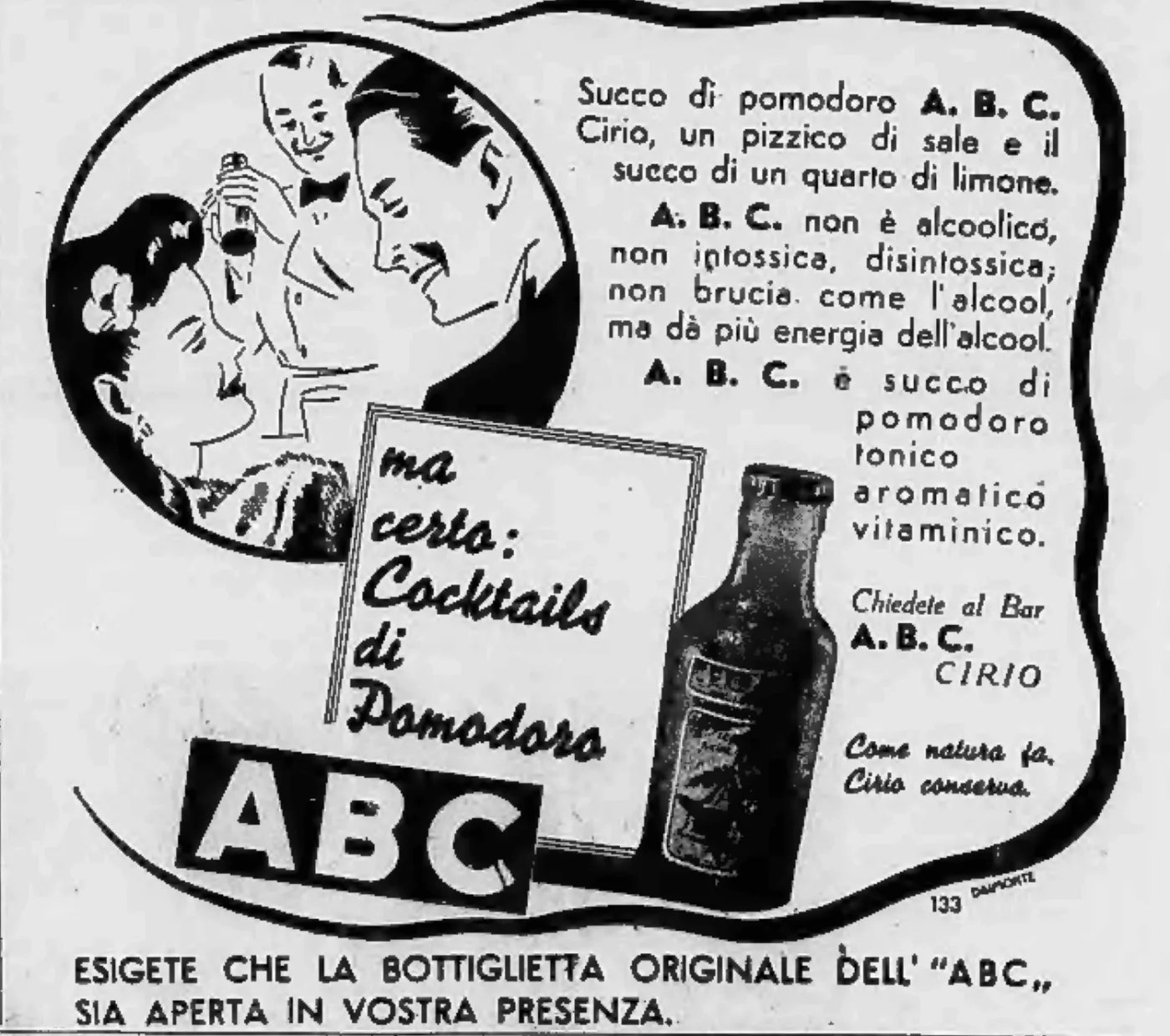 Pubblicità Cirio del succo di pomodoro ABC: un barman con lo shaker serve due clienti, con la scritta ma certo: Cocktails di Pomodoro