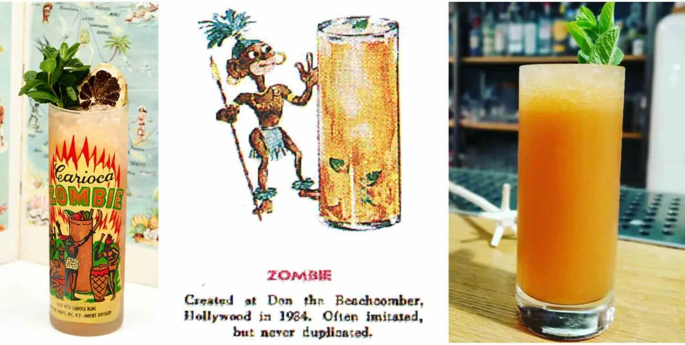 Tre immagini dello Zombie: un bicchiere Carioca Zombie decorato con menta, l'illustrazione del menu Don the Beachcomber del 1934 e uno Zombie in collins di vetro con menta