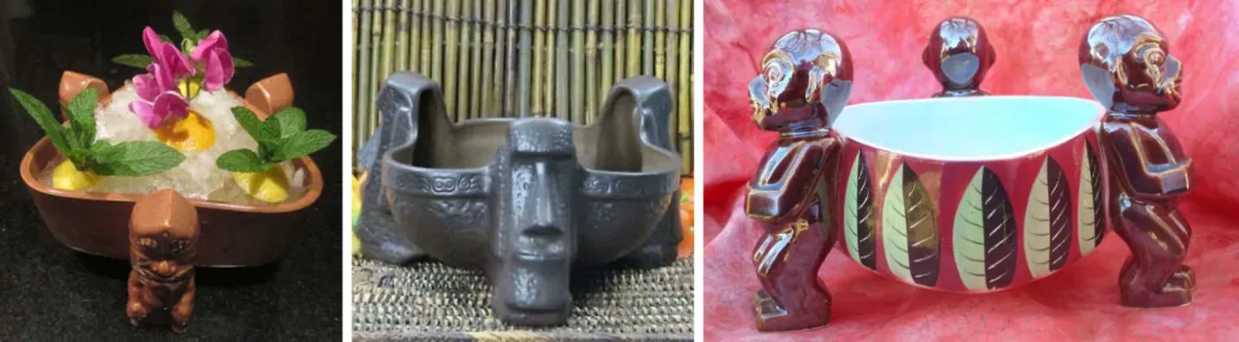 Tre Scorpion Bowl in ceramica: una con ghiaccio, menta e fiori, una scura con volti tiki e una sorretta da due figure stilizzate
