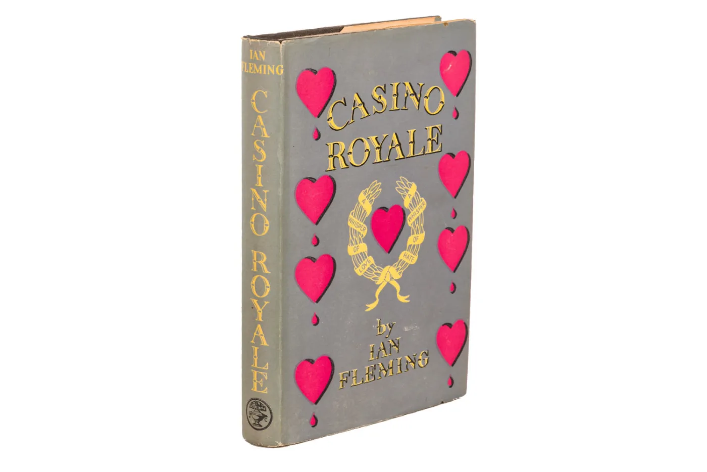 La prima edizione di Casino Royale di Ian Fleming, copertina grigia con cuori rossi