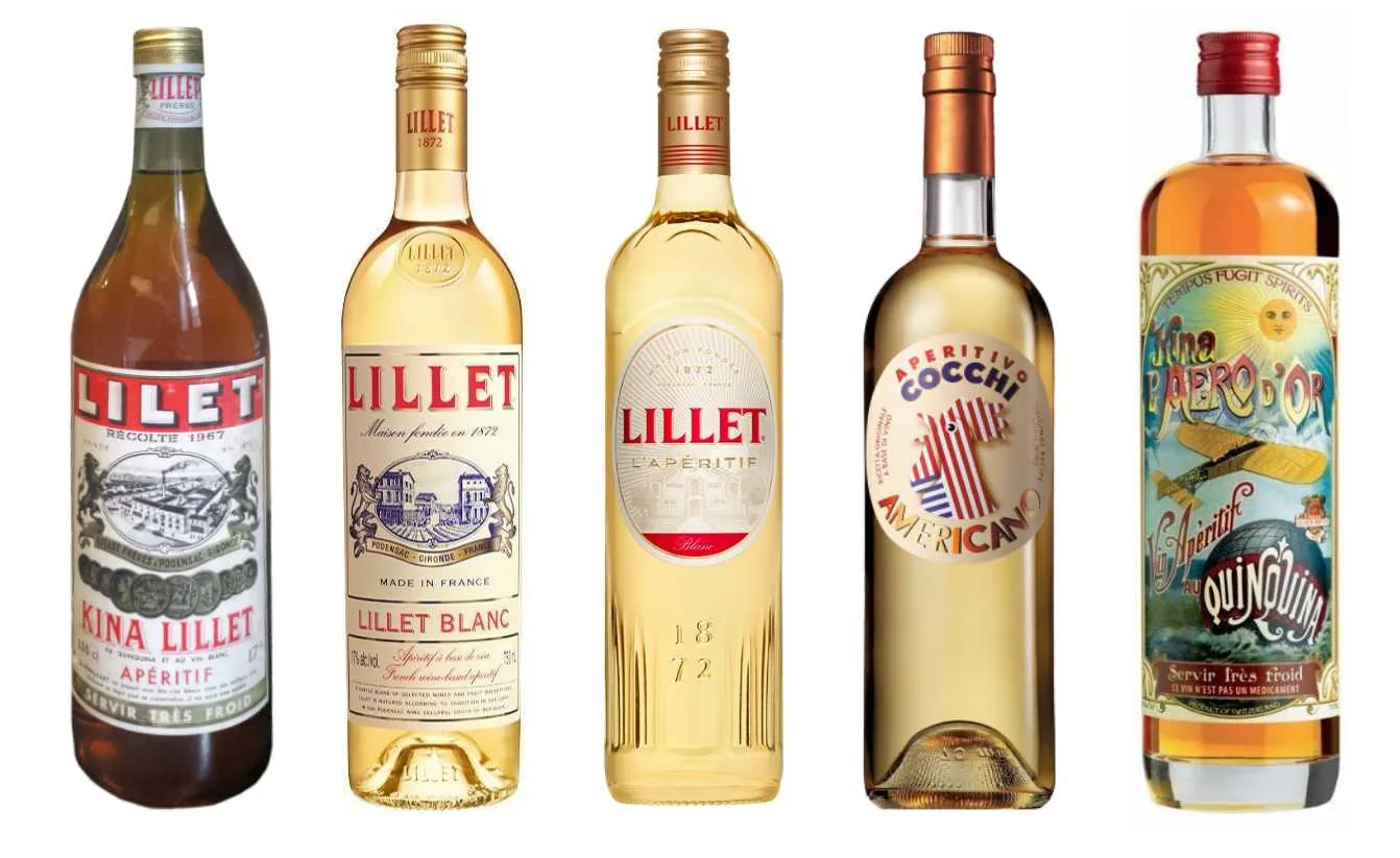 Bottiglie di vini aromatizzati al chinino: Kina Lillet d'epoca, Lillet Blanc, Cocchi Americano e Kina L'Aéro d'Or
