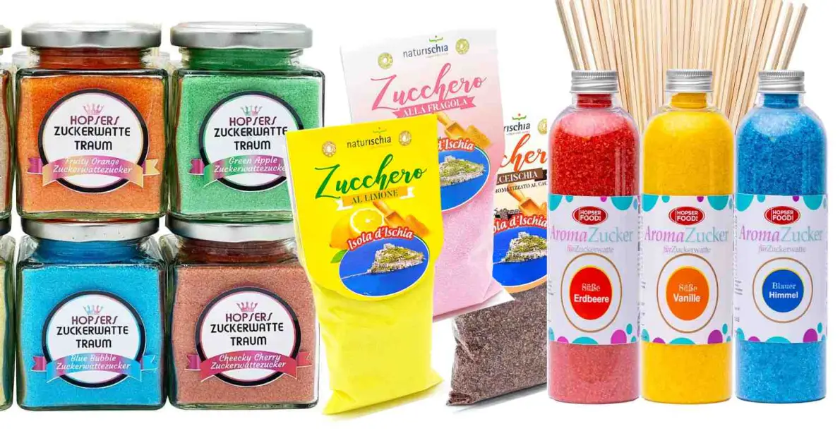 Barattoli di zuccheri colorati e aromatizzati per zucchero filato